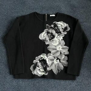 Calvin Klein Sweater Womens Medium Black White Floral Knit Pullover Cotton